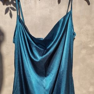 Blue-green satin slip style dress